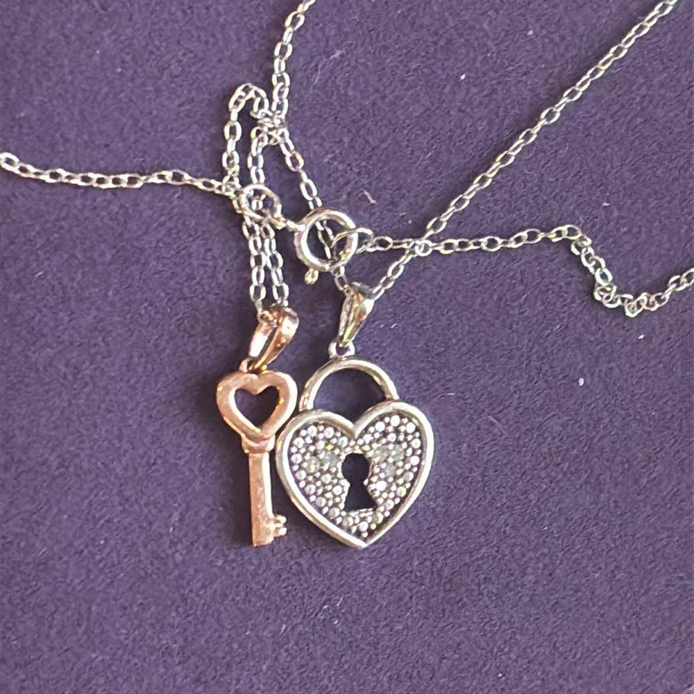Heart Lock & Key Pendant Sterling Silver Diamond Necklace